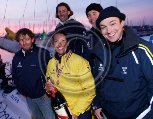 British yachtswoman Dee Caffari, 36, arrives in Les Sables d'Olonne, France onboard Aviva as she sets a new world record as the first woman to have successfully completed a solo, non-stop circumnavigation both ways around the world.