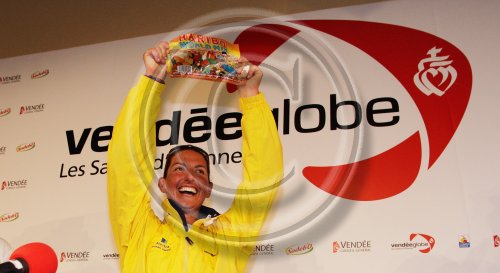 British yachtswoman Dee Caffari, 36, arrives in Les Sables d'Olonne, France onboard Aviva as she sets a new world record as the first woman to have successfully completed a solo, non-stop circumnavigation both ways around the world.