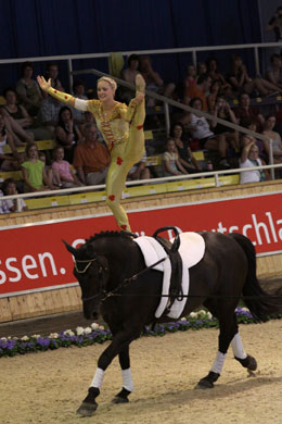 Joanne Eccles, a current European Champion vaulter, from Tillicoultry, was the pick of the results, from last weekend (10-11 July) in the Nations Cup CHIO competition in Aachen, Germany, winning the individual female title for the second year running. Photograph courtesy of Patrick Bussman